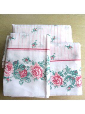 Vintage STEVENS Country Roses Pink Full Sheet Set 4pc Pink Roses Striped Cottage